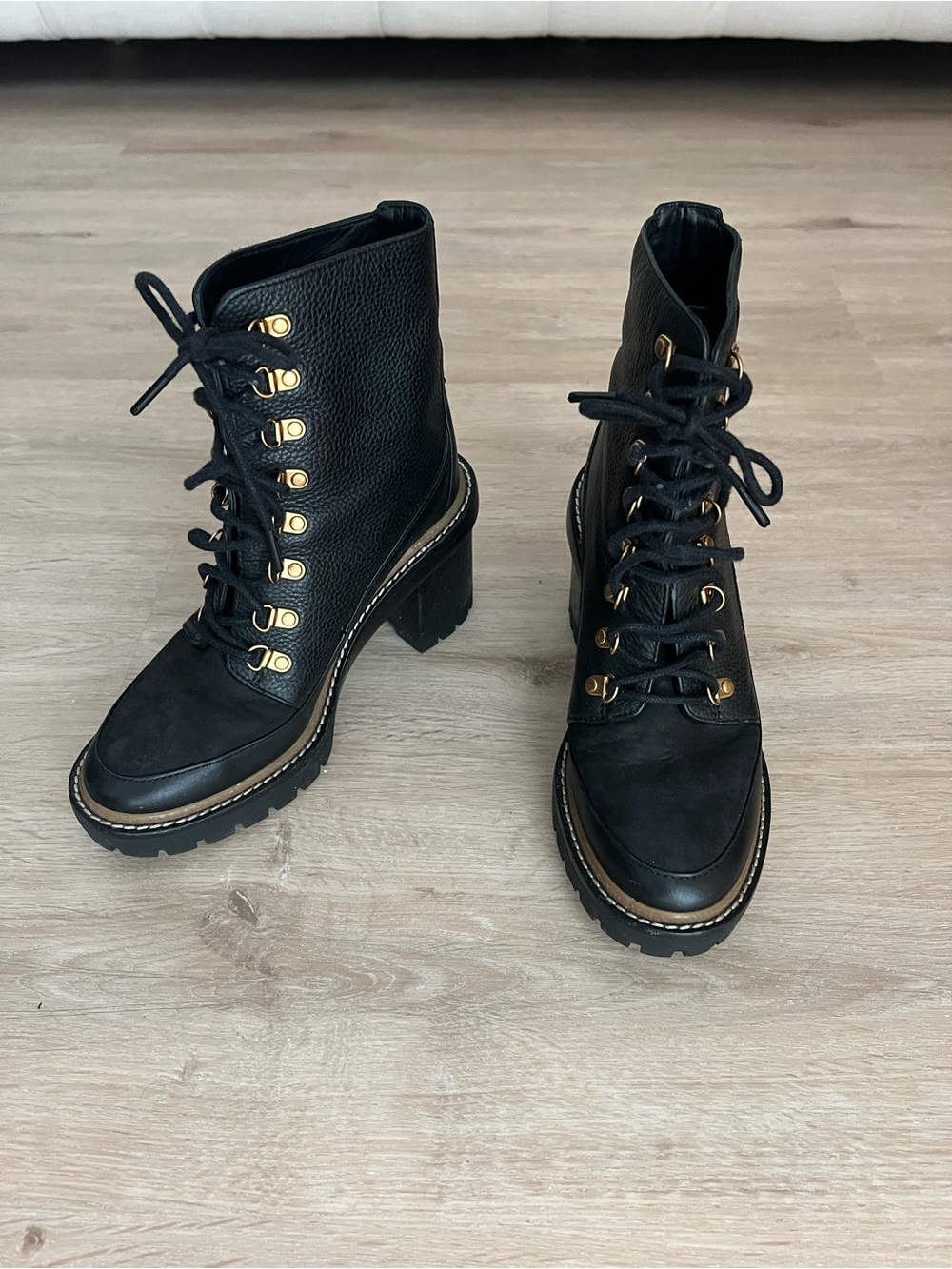 Tory Burch Black Lace-Up Chunky Lug Sole Heel Boots with Gold Eyelets